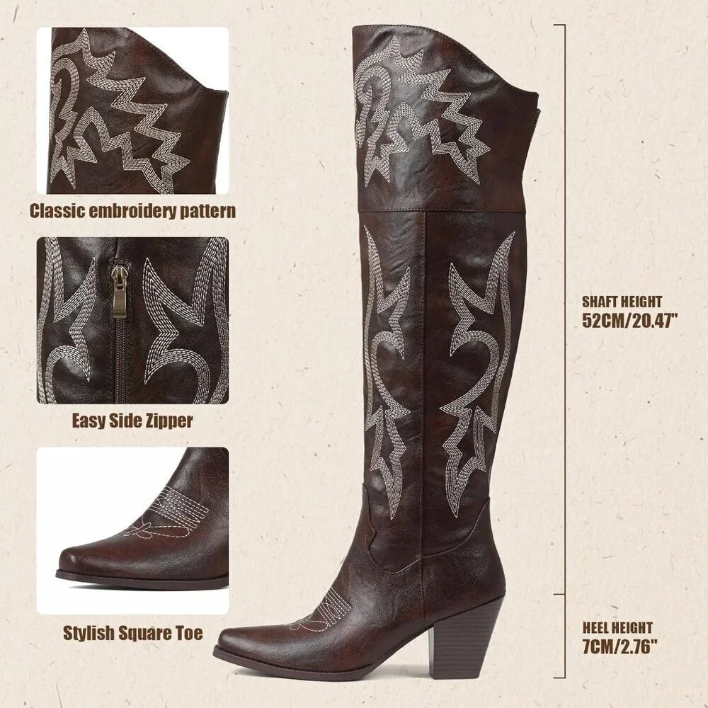 Women Dark Brown Pu Polyurethane Embroidered Pointed Toe Chunky Heels Tall Boots